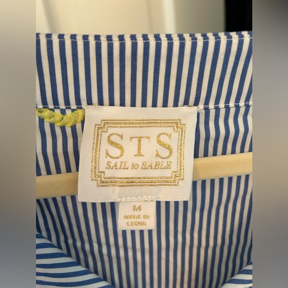 Sail to Sable blue and white stripe dress with dropped waist and yellow trim; M - Picture 2 of 3